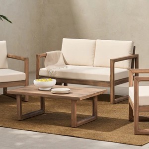 GDFStudio Petteti Outdoor Acacia Wood Loveseat and Coffee Table Set with Cushions, Brown Wash/Beige - 1 of 4