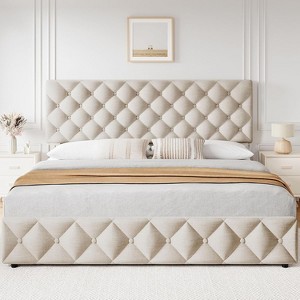 Bed Frame with 4 Storage Drawers, Linen Upholstered Platform Bed Frame with Headboard and Footboard - 1 of 4
