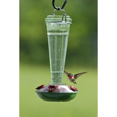 Green Glass and Metal Hummingbird Nectar Feeder, 8 oz