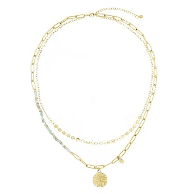 Slate by Rebl Double-Layer Natural Stone Beads & Chain Necklace  Stainless Steel