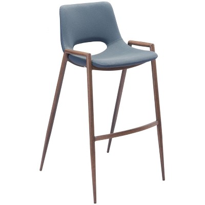 Zuo Modern Desi Barstool, Set Of 2, 39" High Azure Gray Faux Leather Seat With Walnut Finish Steel Frame