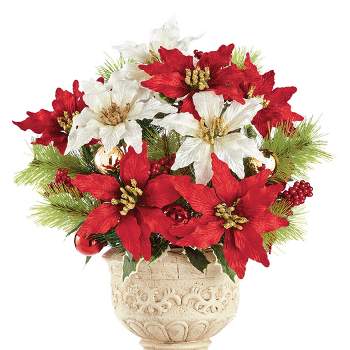 Collections Etc Faux Red & White Poinsettia Floral Picks with Ornaments 10 X 10 X 14