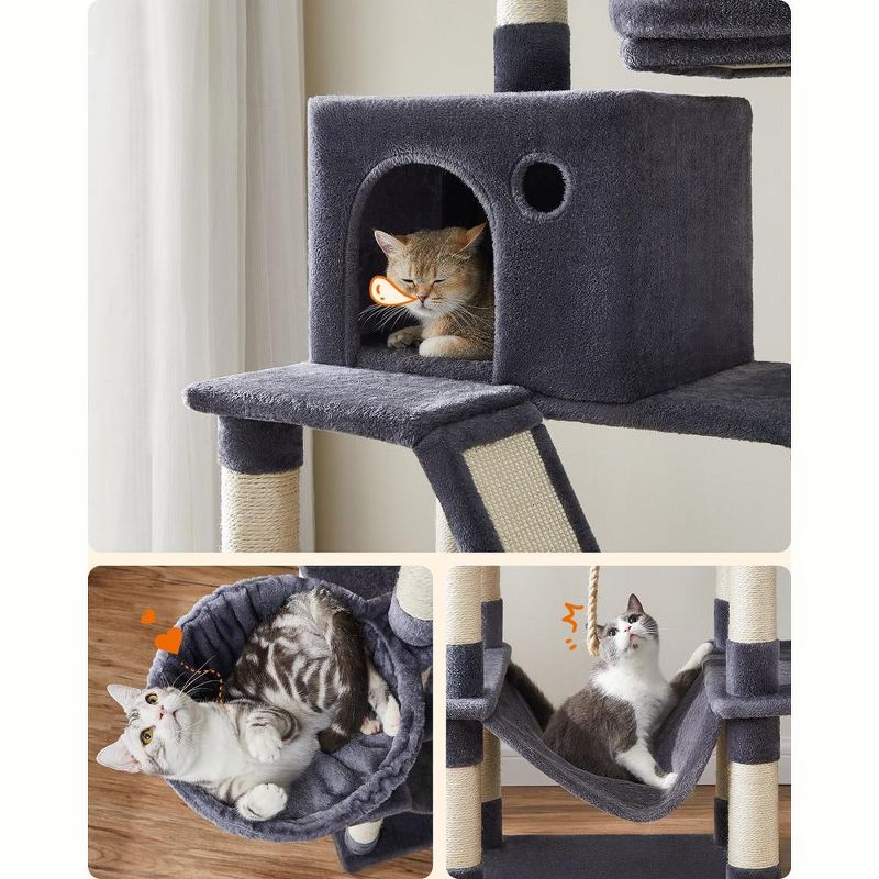 Feandrea Cat Tree, Large Cat Tower with 13 Scratching Posts, 2 Perches, 2 Caves, Basket, Hammock, Pompoms, Cat Condo, 4 of 8