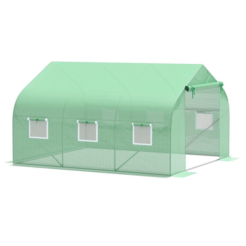Outsunny 12' x 10' x 7' Outdoor Walk-In Tunnel Greenhouse Hot House with Roll-up Windows, Zippered Door, PE Cover, Green, 5 of 10