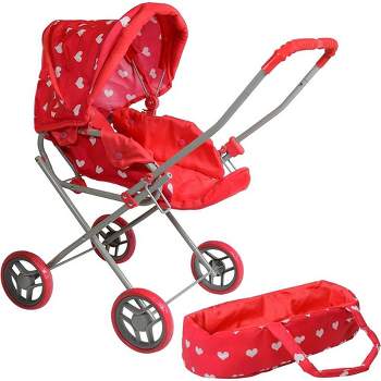 The New York Doll Collection Heart Printed Doll Bassinet Stroller with Travel Carry Bag