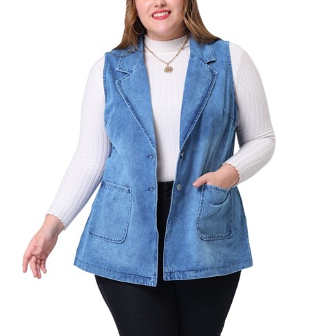 Agnes Orinda Women's Plus Size Denim Relax Notched Lapel Jacket Vest ...