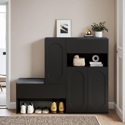 Elegant 2-in-1 Shoe Cabinets with Soft Cushion, Modern Storage Bench with Arched Doors & Rebound Devices - Leovsnove