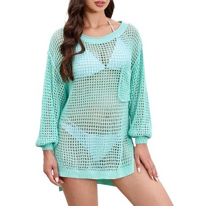 Women's Summer Crochet Hollow Sweater Long Sleeve Crewneck Beach Mesh Cover Up Tunic Top - 1 of 4