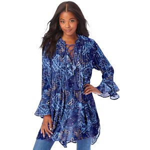 Roaman's Women's Plus Size Ruffle Pintuck Crinkle Tunic - 1 of 4
