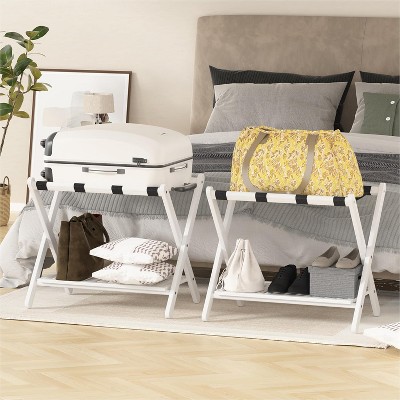 Luggage Rack set of 2 Bamboo Folding Suitcase Stand with storage shelf for guest room Living Room