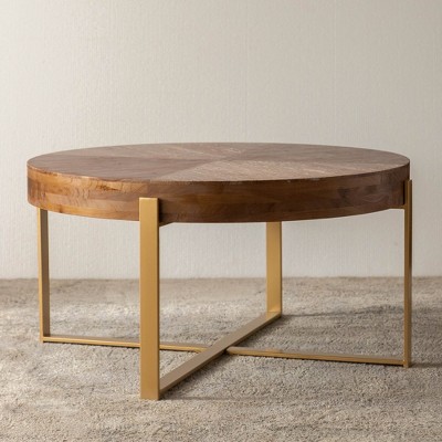 Maliang 33.86" Modern Retro Splicing Round Coffee Table,Fir Wood Table Top with Gold Cross Legs Base