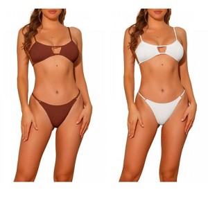 Elerevyo Women's 2 Piece Ribbed Solid Color Bikini Sets, Spaghetti Strap Backless Swimwear Bathing Suit Swimsuit 2 Sets - 1 of 4