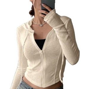 Coolmee Women's Cropped Zip Up Hoodie Lightweight Long Sleeve Rib Knit Slim Crop Jacket Trendy - 1 of 4