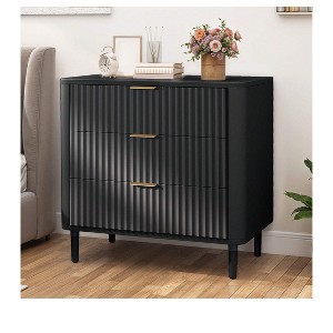 Modern Fluted 3 Drawer Dresser Chest of Drawers with Solid Wood Legs Wood Storage Dresser Organizer for Dorms Flats Living Rooms - 1 of 4