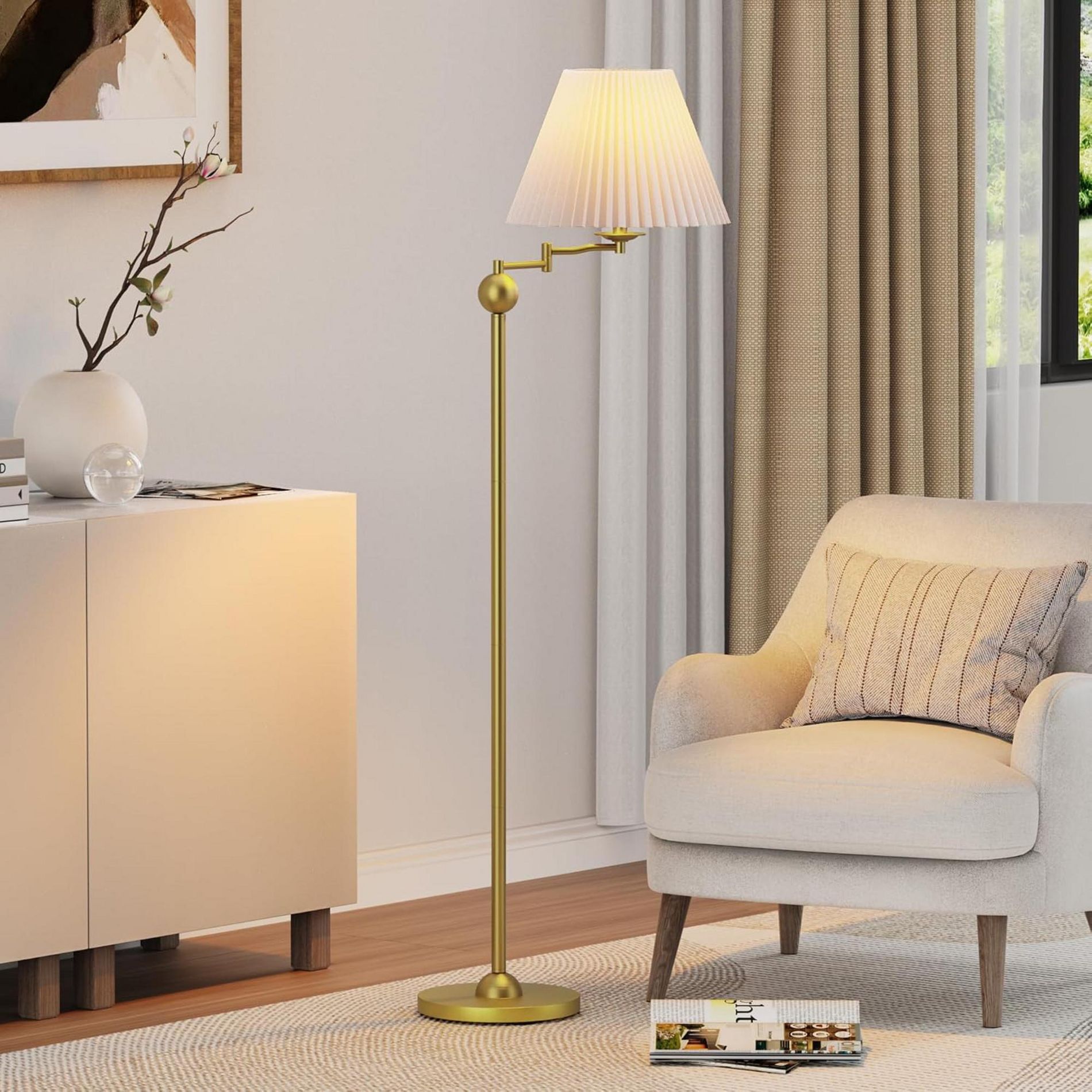 64.25" Modern Mid-Century Floor Lamp with Adjustable Swing Arm, White Pleated Shade, Tall Standing Lamp for Living Room, Bedroom, Office, Hotel