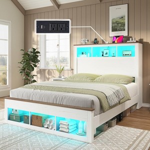AMERLIFE Bed Frame with Bookcase Storage Headboard, LED Light and Charging Station - 1 of 4