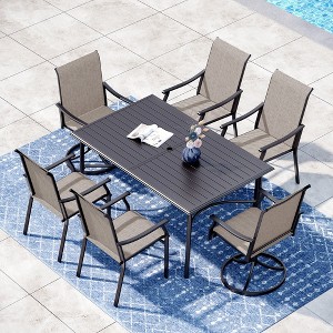 Captiva Designs 7pc Patio Outdoor Dining Rectangle Steel Table with Umbrella Hole & Brown Textilene Arm Chairs - 1 of 4