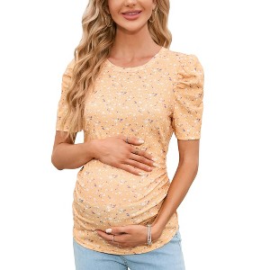 Clearlove Maternity Casual Shirts Women's Puff Short Sleeve T-Shirt Pregnancy Striped Ruched Side Tunic Top - 1 of 4
