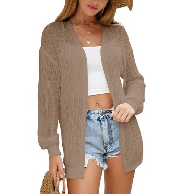 Womens Milanese Knit Cardigan Semi Sheer Lace Beach Cover Ups Open Front Cardigan Ribbed Cuff Open Front Sweater,Camel - S