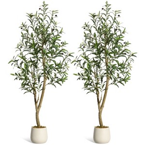 5FT(1pcs) Artificial Olive Tree, UV Resistant Fake Realistic Olive Tree in White Pot with Olives, Moss Decors,  for Front Door Living Room Garden - 1 of 4