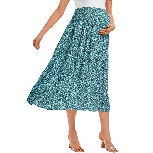 Coolmee Women's Maternity Boho Maxi Skirt Floral Smocked Elastic High Waist Pleated A-Line Ruffle Flowy Long Skirts - 1 of 2