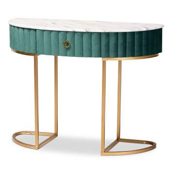 1 Drawer Beale Velvet Upholstered and Brushed Console Table Green/Gold - Baxton Studio