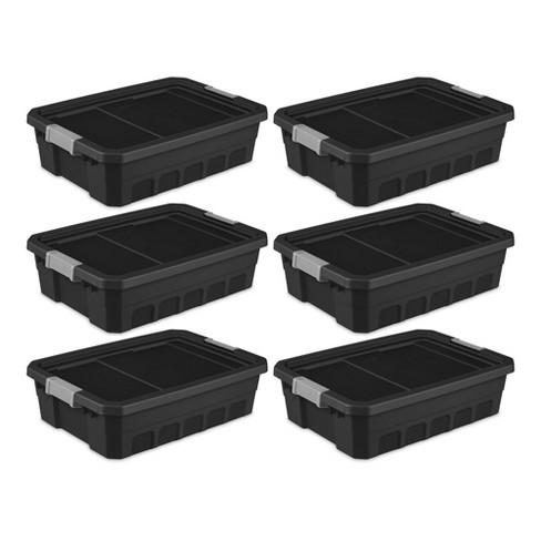 Sterilite 15 Gal Industrial Tote, Stackable Storage Bin with Latching Lid,  Plastic Container with Heavy Duty Latches, Black Base and Lid, 6-Pack