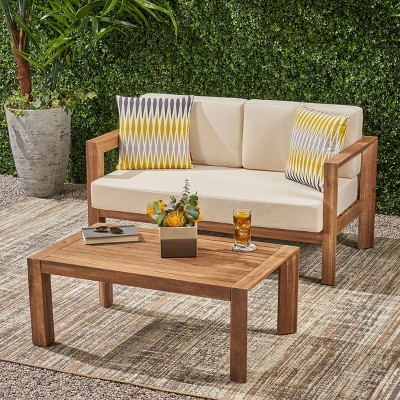 2pc Genser Wooden Patio Loveseat and Coffee Table Set Brown - Christopher Knight Home