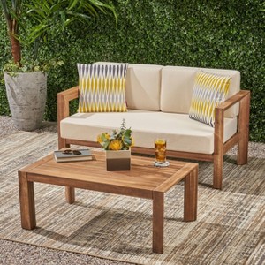 2pc Genser Wooden Patio Loveseat and Coffee Table Set Brown - Christopher Knight Home: Acacia Outdoor Seating Set with Cushions - 1 of 4