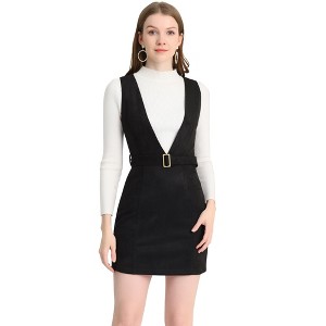 Allegra K Women's Retro Belted V Neck Faux Suede Pinafore Dress - 1 of 4