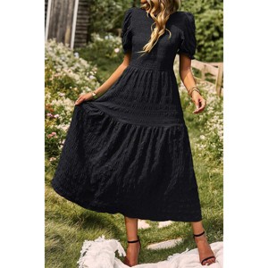 Women's Puff Short Sleeve Smocked Midi Dress Casual Summer Floral Print Elastic Waist Tiered A Line Maxi Dress - 1 of 4