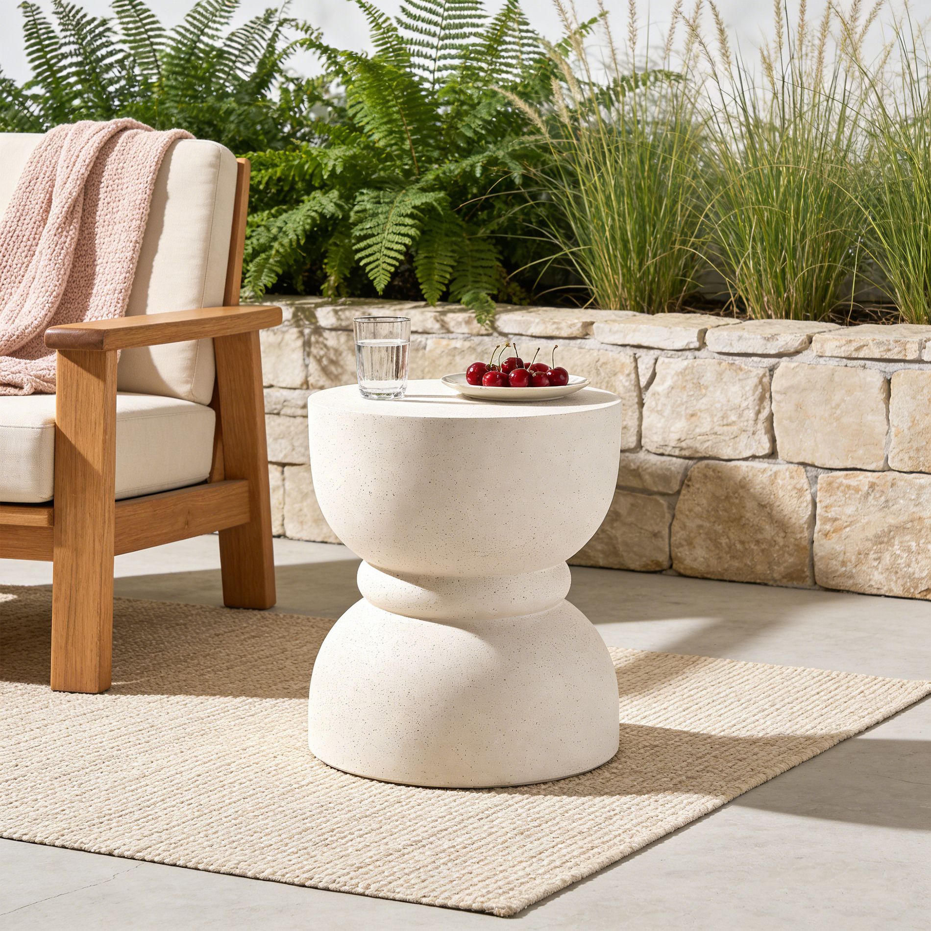 GDFStudio Mitchell Outdoor Concrete Rounded Waist End Tables With Imitation Natural Stone Texture, Beige