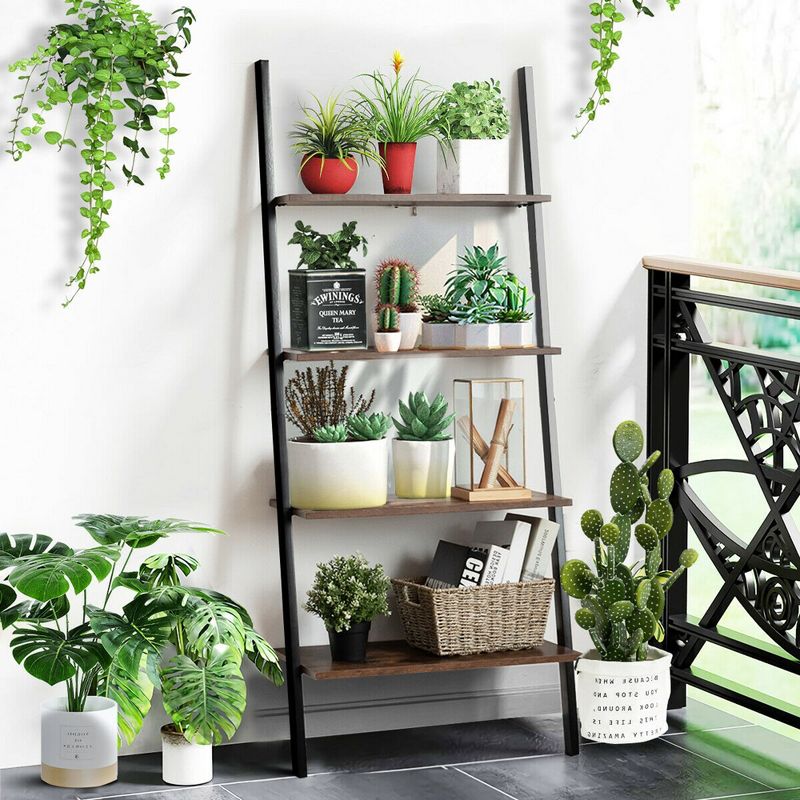 Costway Industrial Ladder Shelf 4-Tier Leaning Wall Bookcase Plant Stand Rustic Black/Brown, 4 of 11