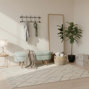 Homy Casa Oval Upholstered Storage Bench with Lift-Top Lid, Blue Fabric Ottoman with Wood Legs,Cyan - 1 of 4