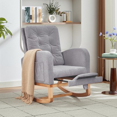 VECELO Modern Upholstered Rocking Chair with Padded Seat & Solid Wood Base, Linen Rocker Armchair for Living Room, White/Gray