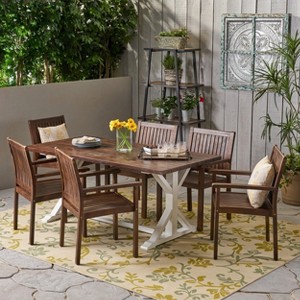 Christopher Knight Home Cassia Outdoor Acacia Wood 7 Piece Dining Set with 69" Dining Table, Dark Brown and White - 1 of 4