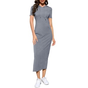 Women's Casual Short Sleeve Slim Pullover Maxi Hoodie Dress Sweatshirt Long Dresses with Pockets - 1 of 2