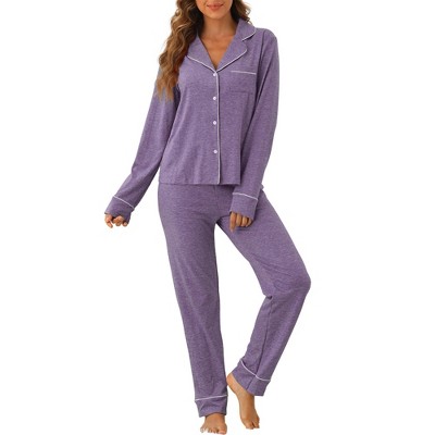 cheibear Women's Chest Pocket Long Sleeve Button Down Top with Pants Pajama Sets