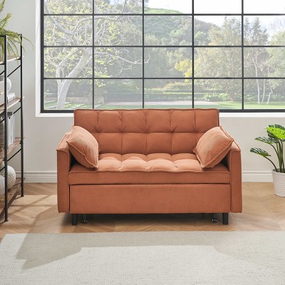 MAYEERTY Loveseat Corduroy Sofa with Wooden Board Bracket for Living Room Bedroom Orange