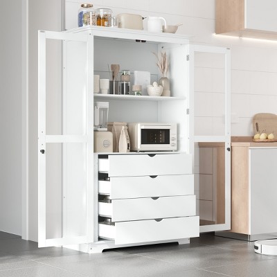 75" Kitchen Storage Cabinet with Glass Doors 4 Built-in Drawers Storage Pantry Display Cabinet for Living Room, Dining Room,Office-Tanpinhause