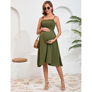 Maternity Summer Dress Sleeveless Smocked Square Neck Adjustable Spaghetti Strap Midi Dress Photoshoot - 1 of 4