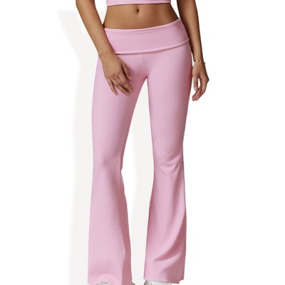 Anna-Kaci Active Women's Foldover Waist Flare Leg Yoga Pants in Ribbed Knit