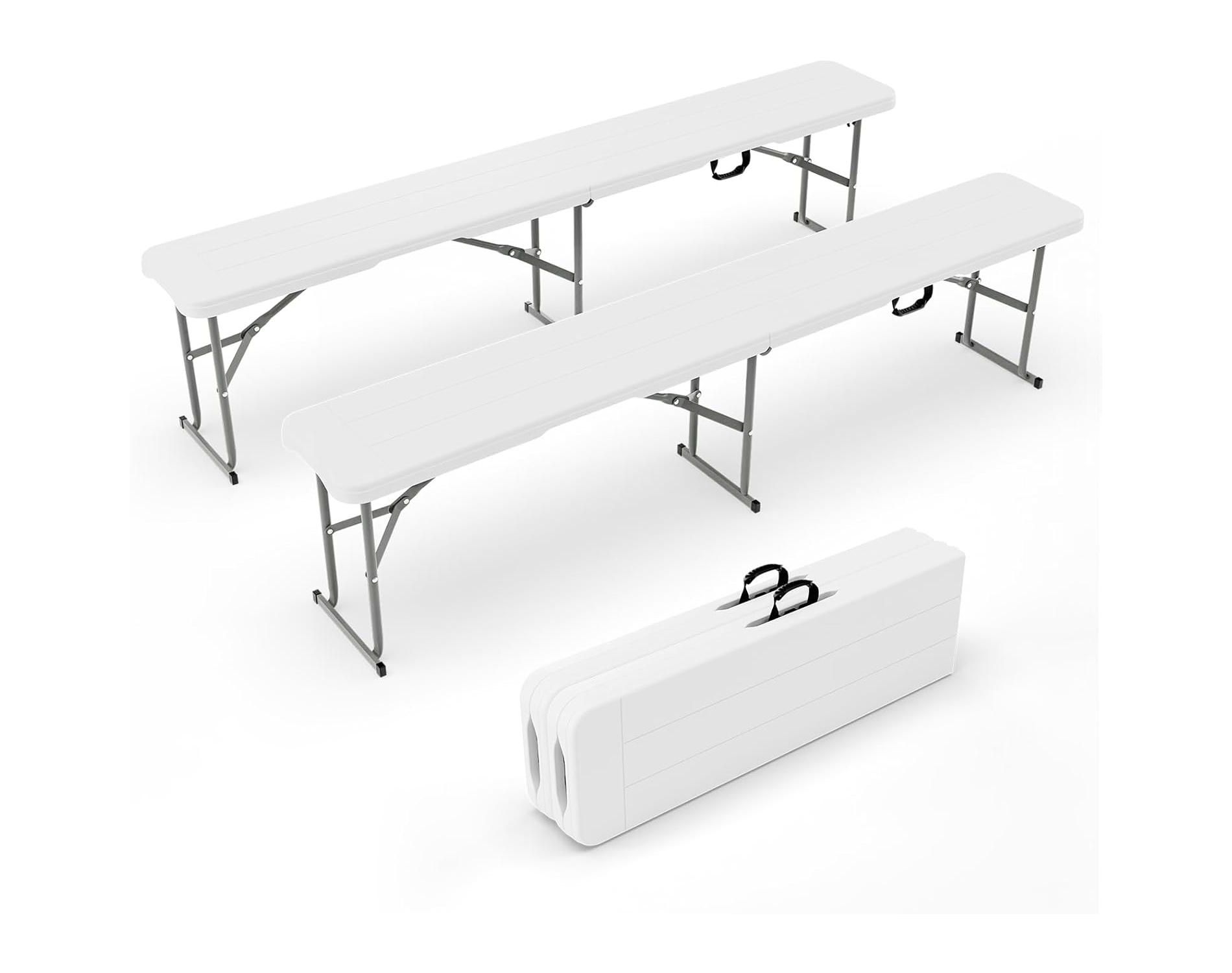 VINGLI 6 feet Plastic Folding Bench,Portable in/Outdoor Picnic Party Camping Dining Seat, Garden Soccer , Smooth HDPE Tabletop, 2 Pack, White