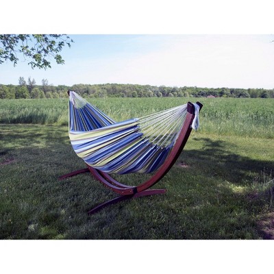 Vivere Blue and Green Striped Cotton Hammock with Pinewood Stand