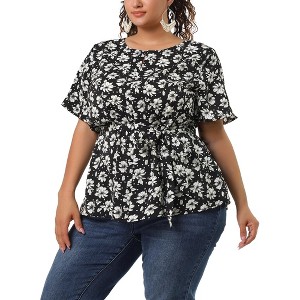 Agnes Orinda Women's Plus Size Floral Keyhole Neck Ruffle Tie Waist Short Sleeve Casual Chiffon Blouse - 1 of 4
