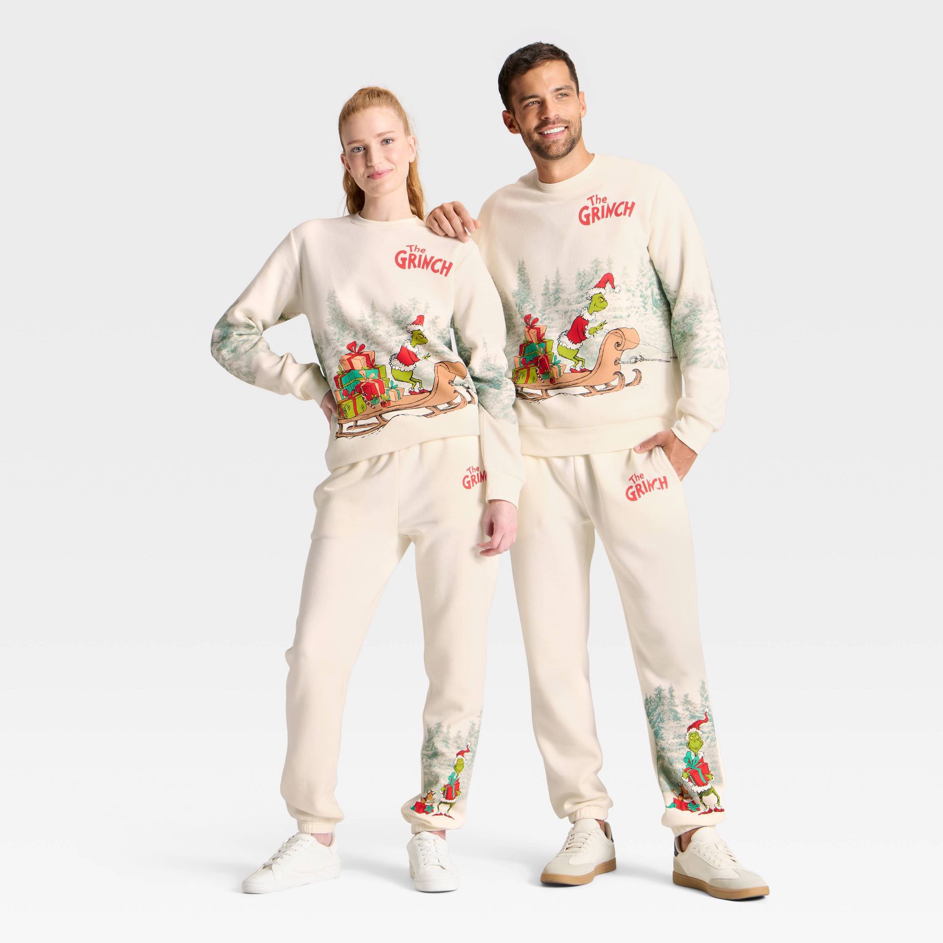 Adult Grinch Sled Fleece Graphic Pants - Cream