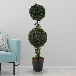 Artificial Podocarpus - 36” Double Ball Style Faux Plant in Sturdy Pot - Realistic Indoor or Outdoor Potted Shrub - Home Decor by Pure Garden - 1 of 4