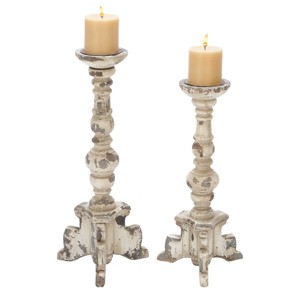 Olivia & May Set of 2 Classic Distressed Wooden Candle Holders White : Elegant Tabletop Decor - 1 of 4