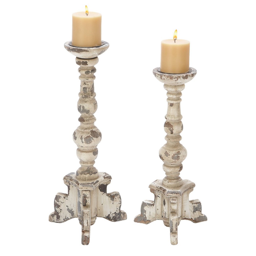 Photos - Figurine / Candlestick Set of 2 Classic Distressed Wooden Candle Holders White - Olivia & May