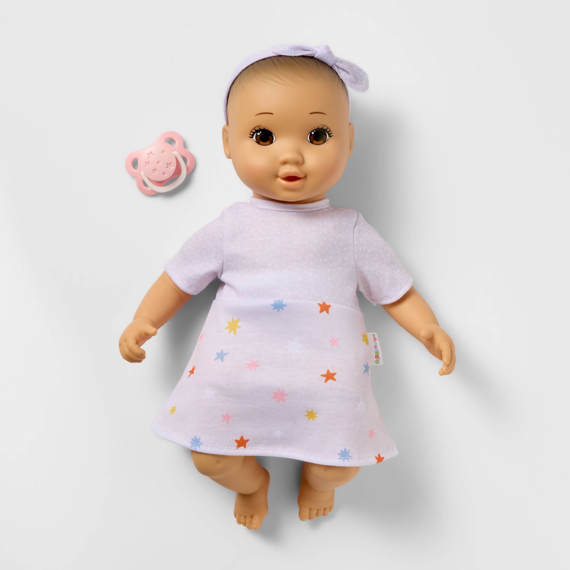 14" Girl Baby Doll - Light Brown Hair + Brown Eyes - Gigglescape™: Pacifier & Outfit Included